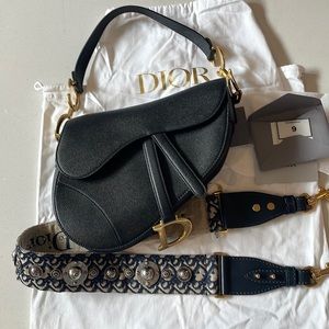 Dior Saddle Bag with Blue Dior Oblique Embroidery Strap